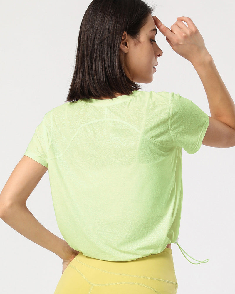 Women Loose Drawstring Fitness Yoga Quickly Dry Sports Short Sleeve T Shirts Beige Brown Green Purpel S-XL
