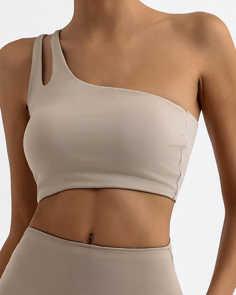 Women One Shoulder Back Criss Cross Quick-Drying Sports Bra Orange Khaki Black White S-L