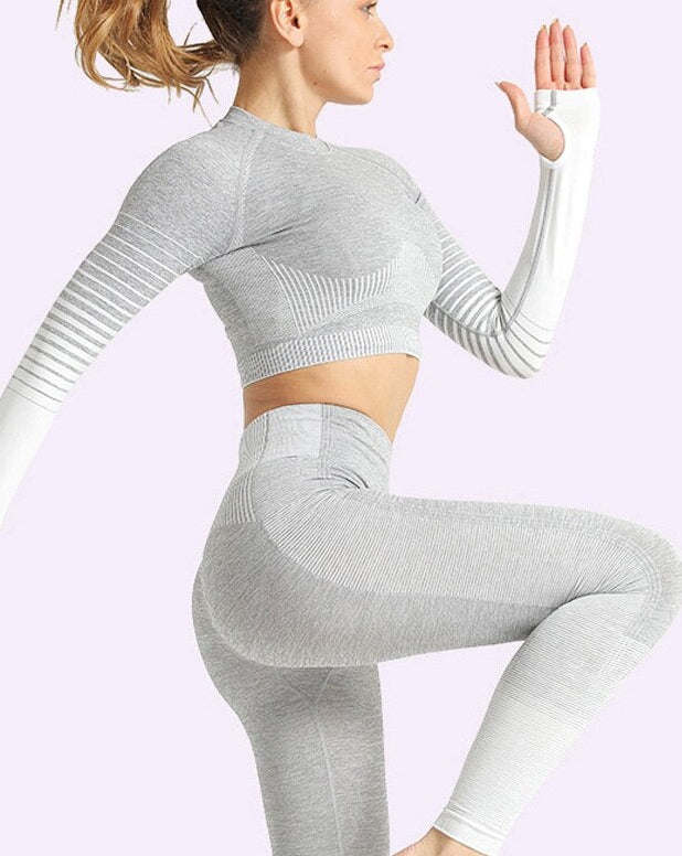 2 Piece Seamless Women Yoga Set Long Sleeve Top High Waist Belly Control Sport Leggings Workout Gym Clothes Seamless Sport Suit