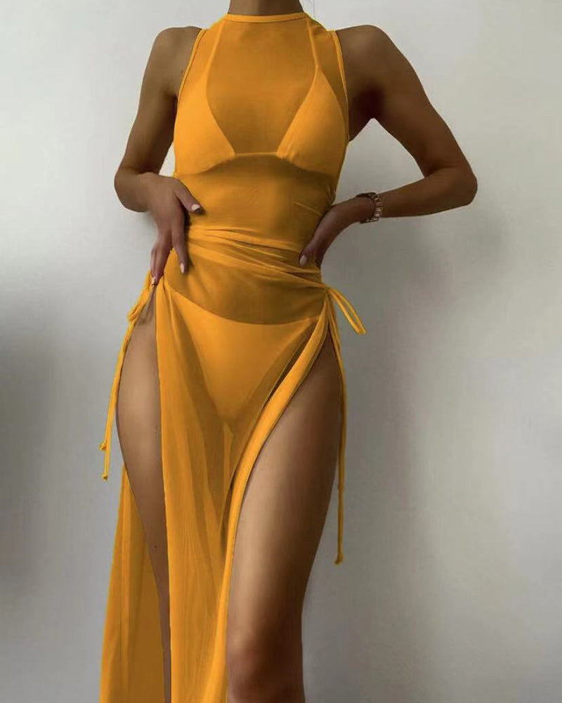 Lady Mesh See Through Halter Tie Side String Three Piece Swimwear White Yellow Red Black Green S-XL