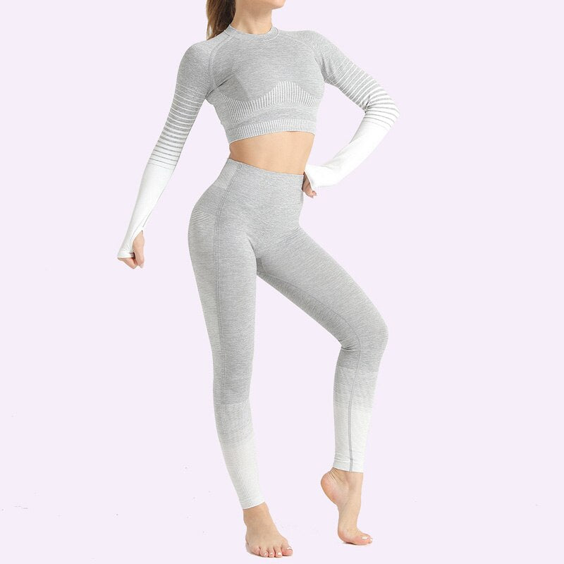 2 Piece Seamless Women Yoga Set Long Sleeve Top High Waist Pants Belly Control Sport Leggings Workout Gym Clothes Seamless Sport Suit OM9253