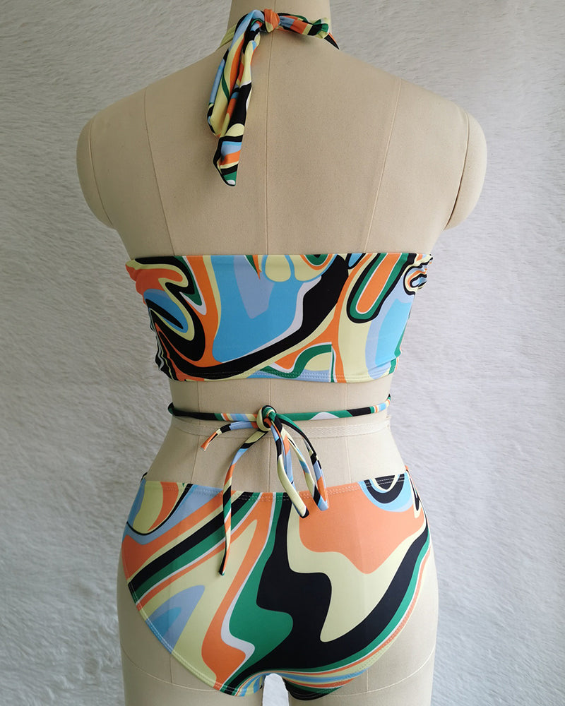 Fashion Printed Hollow Out Criss Neck Solid Color Sexy Women Summer Beach Three-piece Swimsuit White Black Beige Yellow S-XL