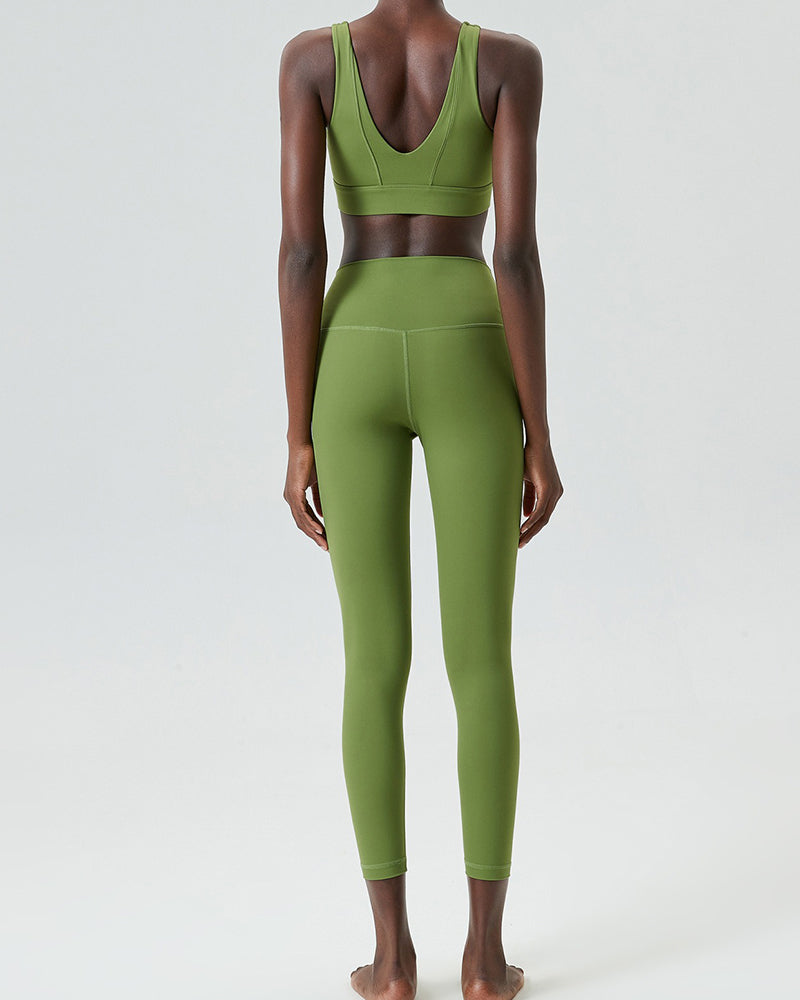 U-Back Zipper Front High Elastic Running High Waist Pants Yoga Two-piece Set S-XL