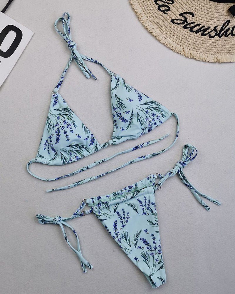 Sexy Halter Neck Florals Solid Colorful Tie Side String Two-piece Swimsuit S-L