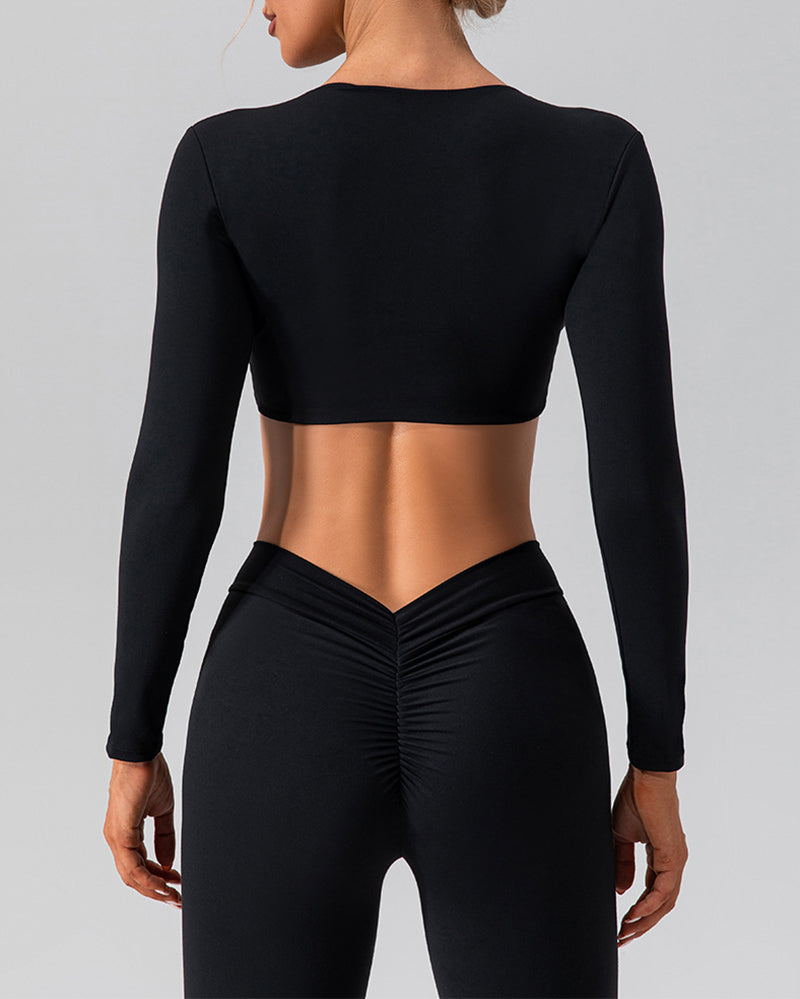 Women Long Sleeve V Neck Solid Color Crop Top Yoga Top S-XL
