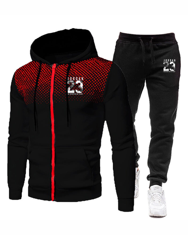 Men Long Sleeve Hooded Street Style Zipper Two Piece Set White Red Black Blue Gray S-3XL