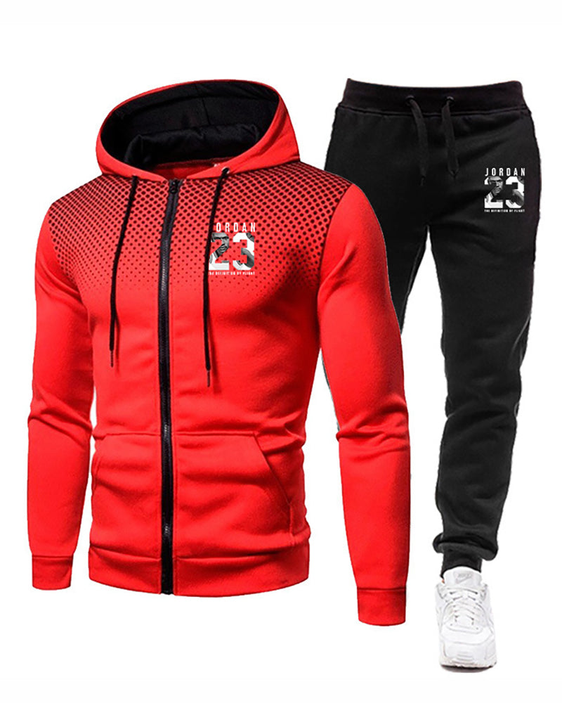Men Long Sleeve Hooded Street Style Zipper Two Piece Set White Red Black Blue Gray S-3XL
