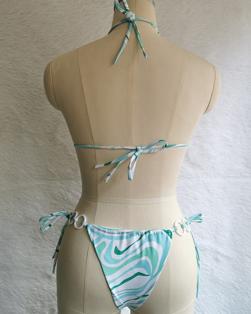 Halter Neck Solid Color Lady Tie Side String Two-piece Swimsuit White Yellow Green Red Purple Black Coffee S-L