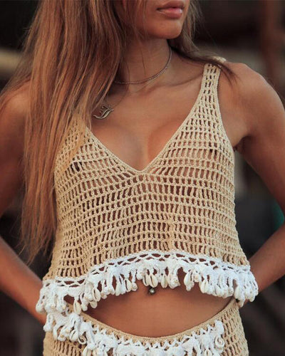 Women Beach Crochet Swimsuit Bra Tassel Sexy Knitted Crop Top Women Hollow out Elastic Camisoles Streetwear Tube Female Tops Vacation