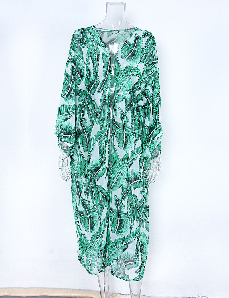 Fashion Women Chiffon Banana Leaf Printed Long Cover Ups (Without Bikini) Green One Size OM3385