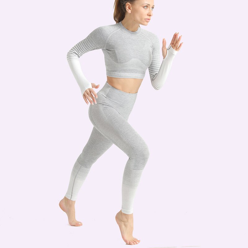 2 Piece Seamless Women Yoga Set Long Sleeve Top High Waist Pants Belly Control Sport Leggings Workout Gym Clothes Seamless Sport Suit OM9253