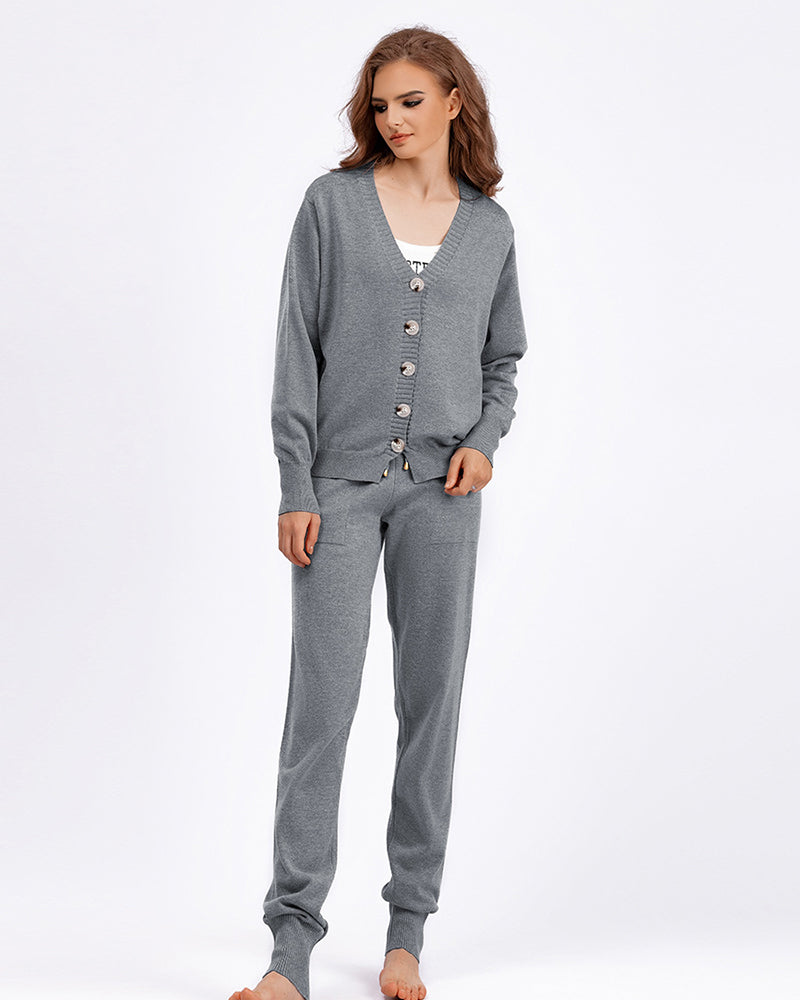 Autumn Knit V Neck Long Sleeve Cardigan Pocket Trousers Two Piece Sets One Size