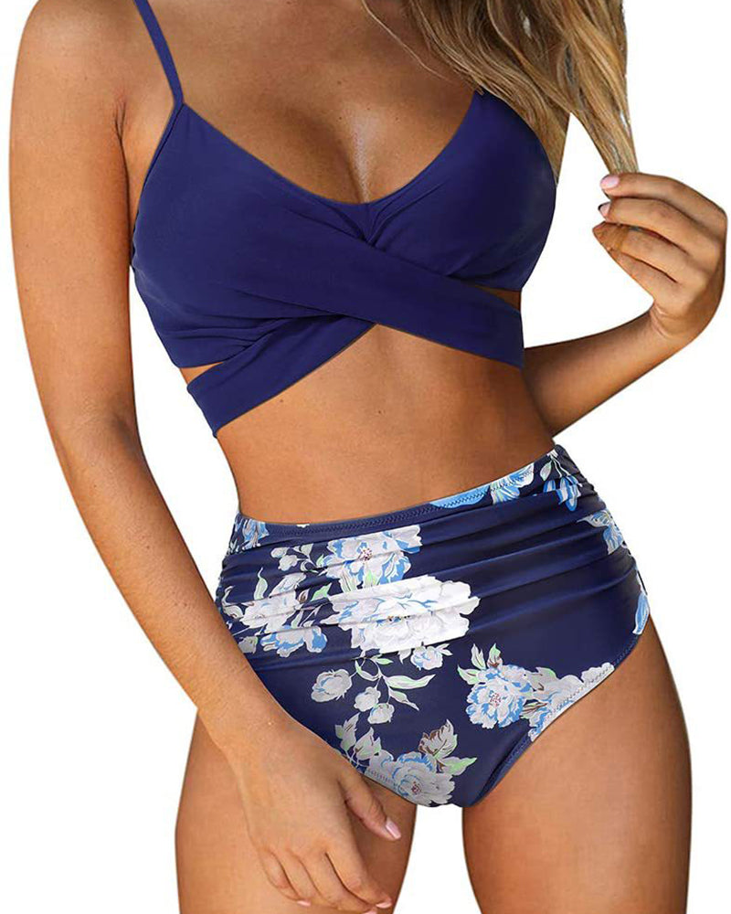 Women Fashion Women Strap Florals Printed High Waist Two-piece Swimsuit Sexy Bikini S-XL