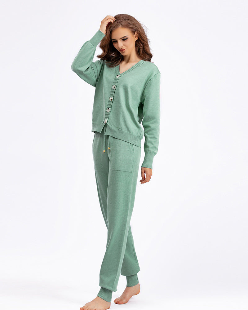 Autumn Knit V Neck Long Sleeve Cardigan Pocket Trousers Two Piece Sets One Size