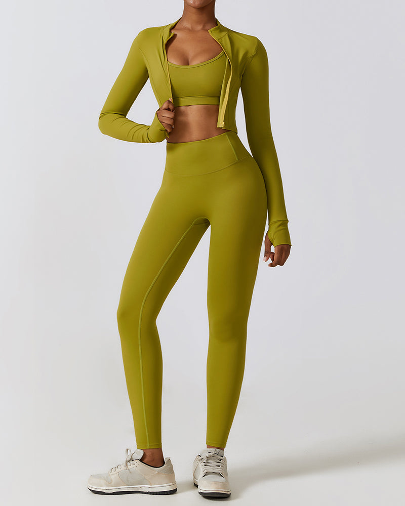 Popular Long Sleeve Coat Fitness Bra Slim Pants Sets Yoga Three Piece Sets S-XL