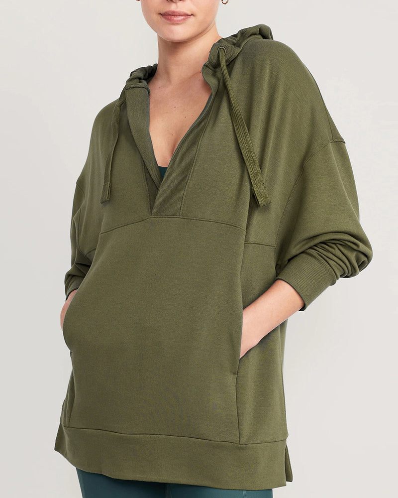 Hoodies Deep V Neck Pocket Loose Casual Yoga Cover Pullover Long Sleeve Top S-XL