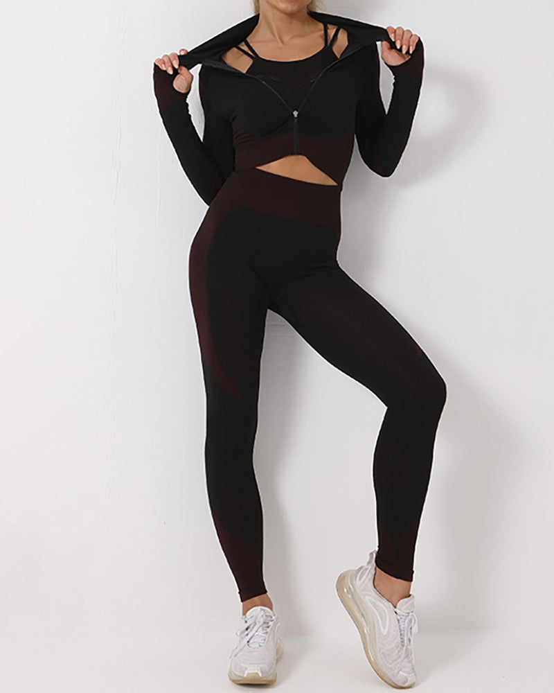 Multicolor Women Colorblock Fashion New Long Sleeve High Elastic Three Piece Set S-XL