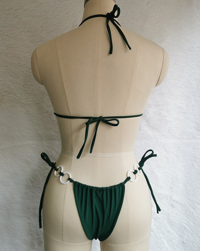 Halter Neck Solid Color Lady Tie Side String Two-piece Swimsuit White Yellow Green Red Purple Black Coffee S-L