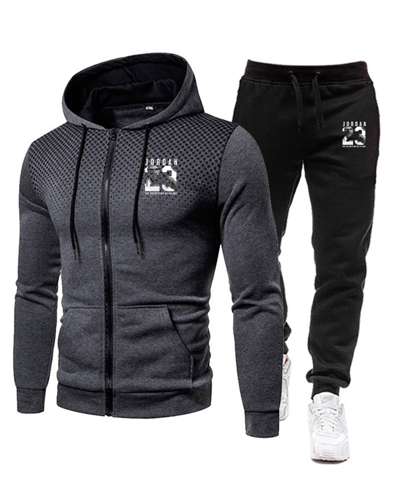 Men Long Sleeve Hooded Street Style Zipper Two Piece Set White Red Black Blue Gray S-3XL