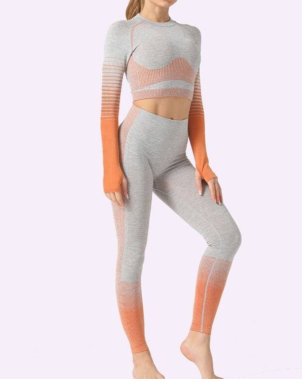 2 Piece Seamless Women Yoga Set Long Sleeve Top High Waist Pants Belly Control Sport Leggings Workout Gym Clothes Seamless Sport Suit OM9253