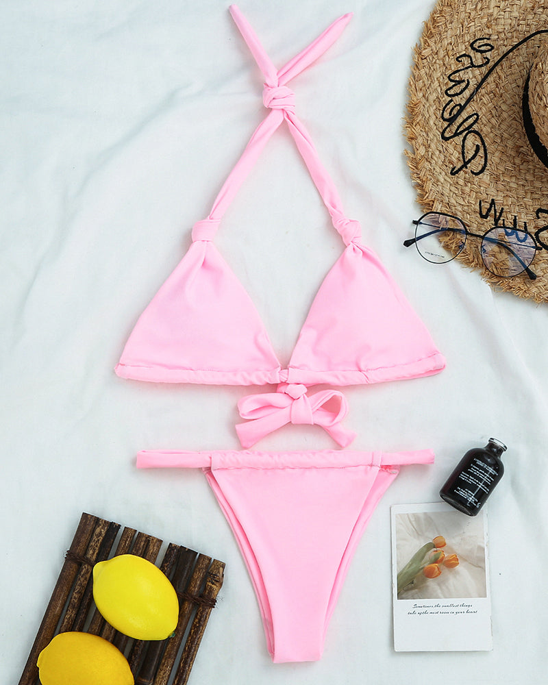 Women Solid Color High Waist Sexy Bikini Two-piece Swimsuit Pink Blue Black Purple S-L