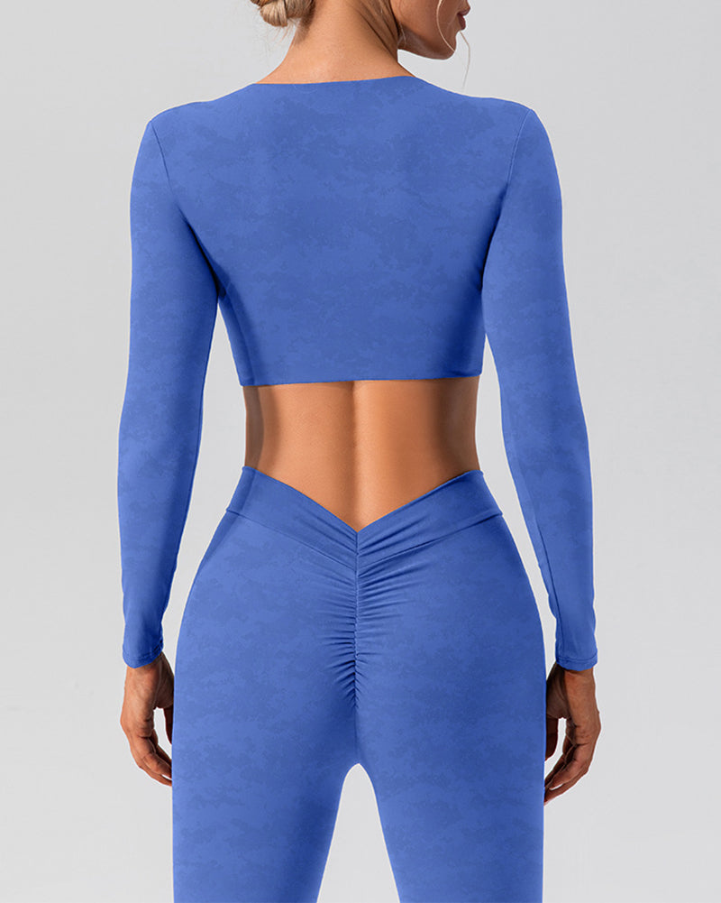 Women Long Sleeve V Neck Solid Color Crop Top Yoga Top S-XL