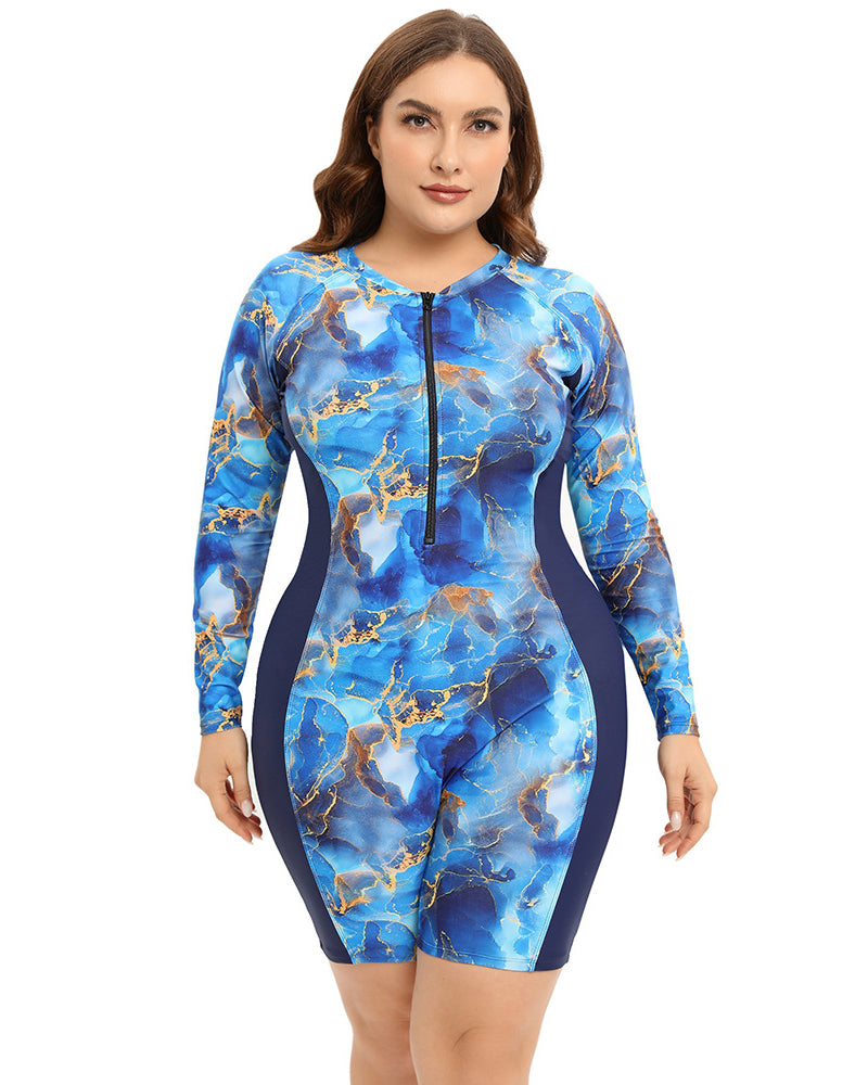 Women Zipper Front Long Sleeve Romper Plus Size Swimwear Diving Suit L-3XL