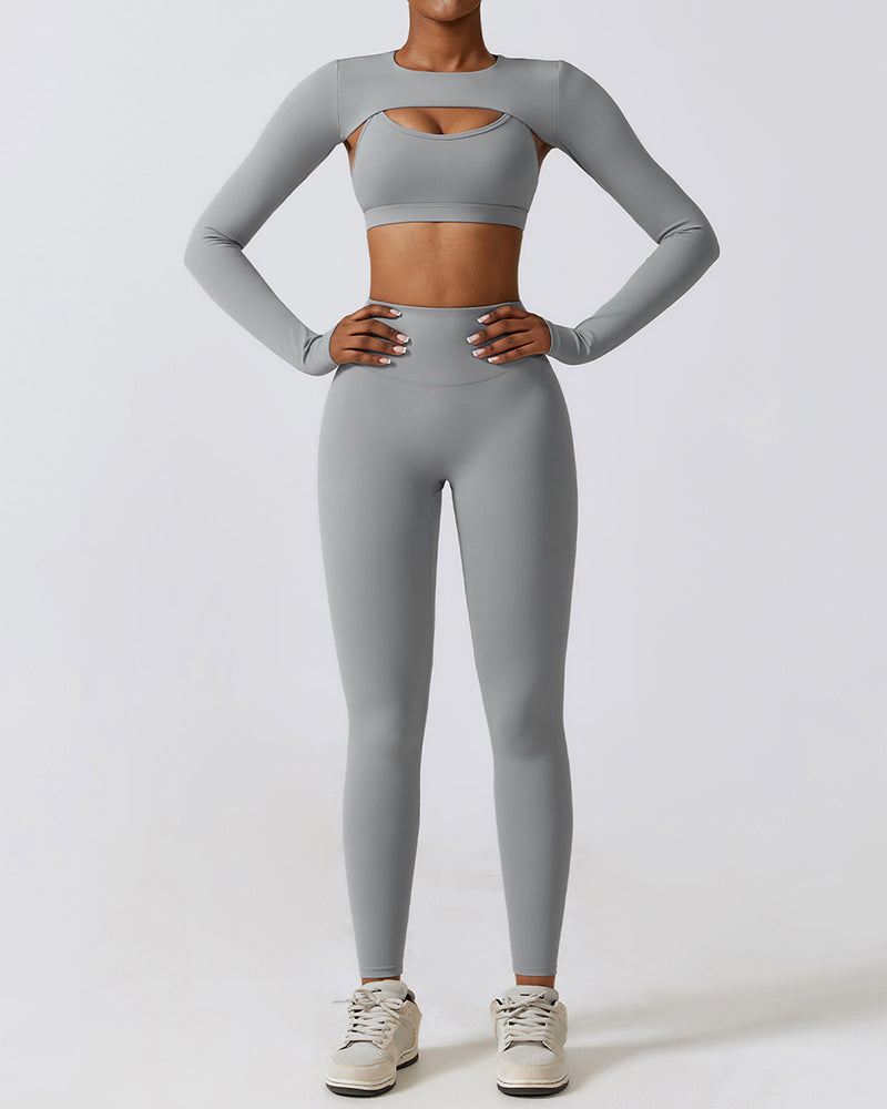 Woman Long Sleeve Solid Color Bra Cover Pants Sets Yoga Three-piece Sets Black Gray Green Blue Purple S-XL