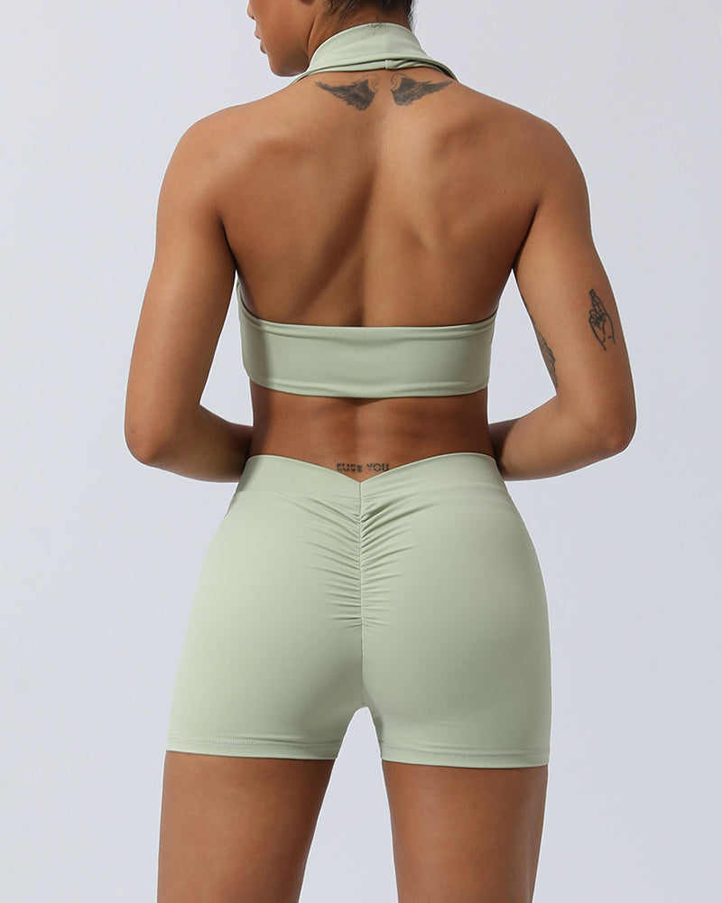 Lapel Sports Bra High Waist Yoga Shorts Pants Two Pieces Sets Green Blue Pink S-XL