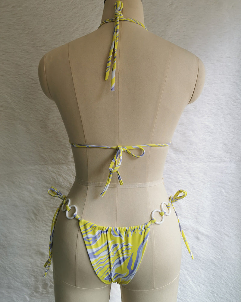 Halter Neck Solid Color Lady Tie Side String Two-piece Swimsuit White Yellow Green Red Purple Black Coffee S-L