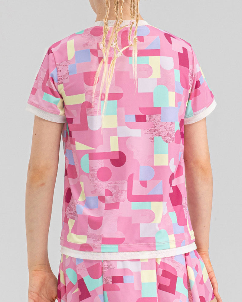 Summer Bubble Printed Girls O Neck Short Sleeve Sports T-shirts Pink Yellow Purple Rosy 120-150