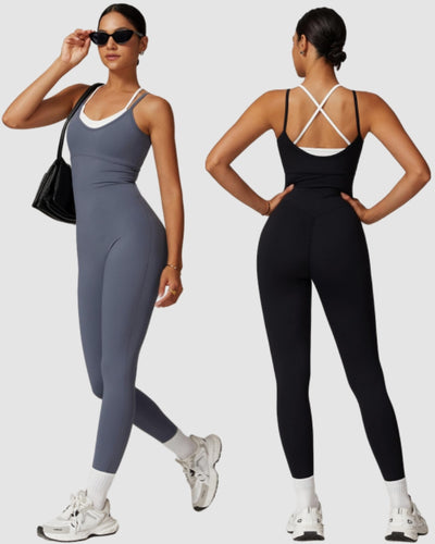 Women Colorblock Sling Fitness Backless Sports Yoga Jumpsuit S-XL