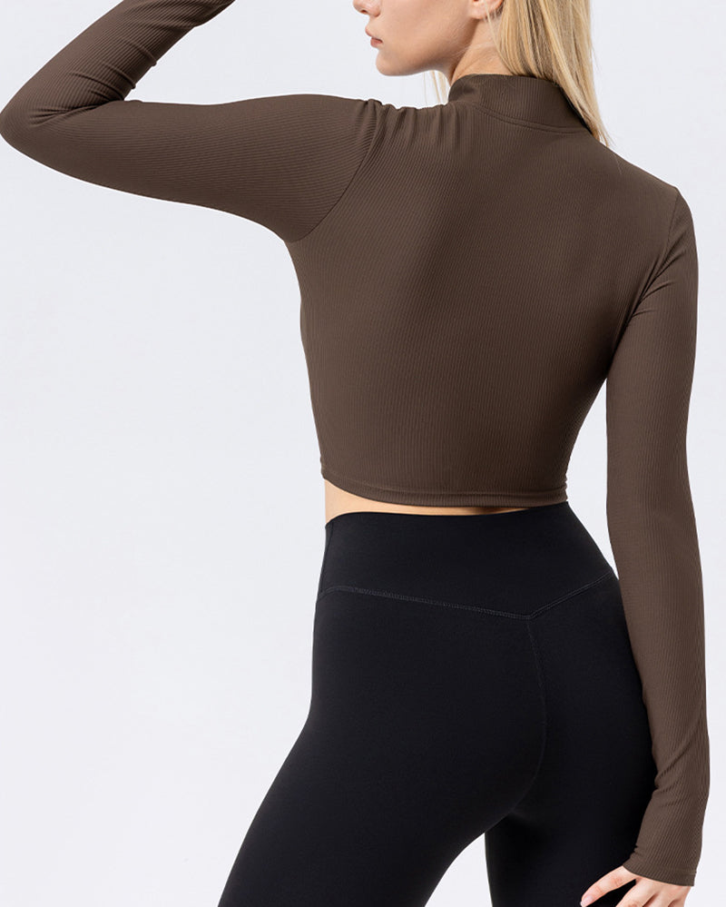 Women Fitness Slim Long Sleeve Stand Collar Yoga High Elastic Top S-2XL