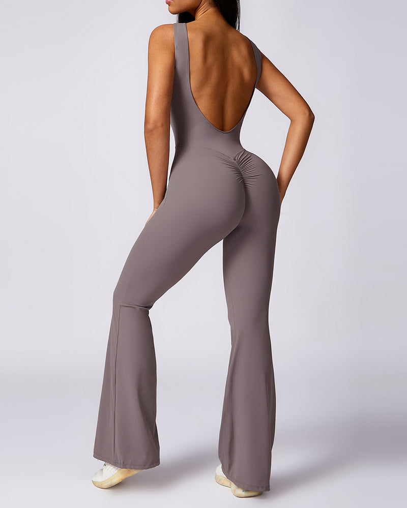 Women Hips Lift Wide Leg Fitness Back Yoga Jumpsuit Black Gray Purple Brown S-XL