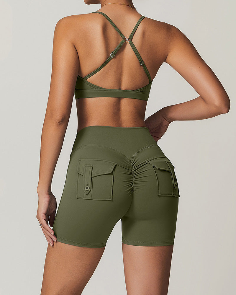 Wholesale OEM Running Sling Ruched Bra Yoga Two-piece Shorts Sets S-XL