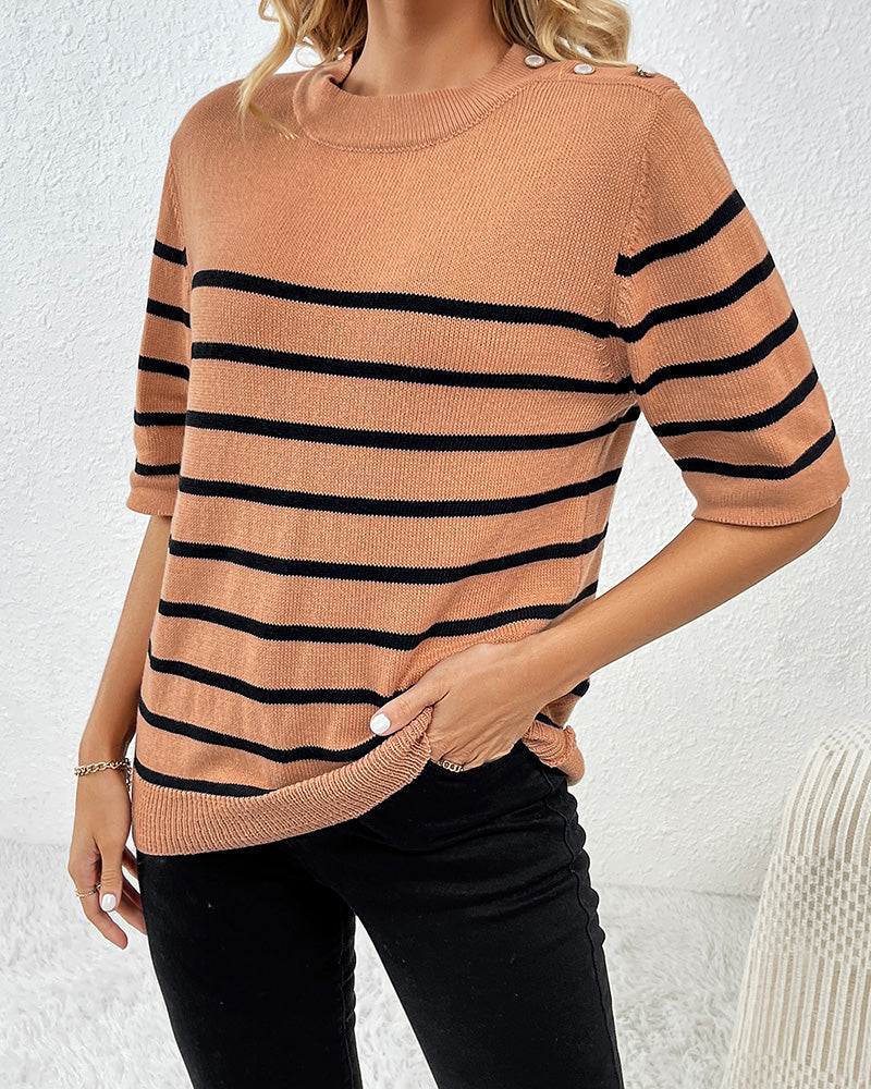 Buttoned Pullover Striped Fashionable Round Neck Short-Sleeved Women&