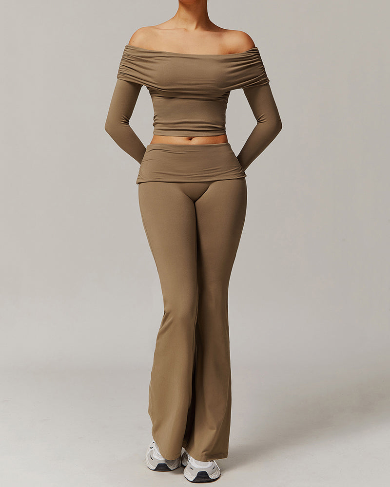 OEM Women Long Sleeve Off Shouder T-shirts Fold Waist Wide Leg Pants Sports Yoga Two-piece Sets S-XL
