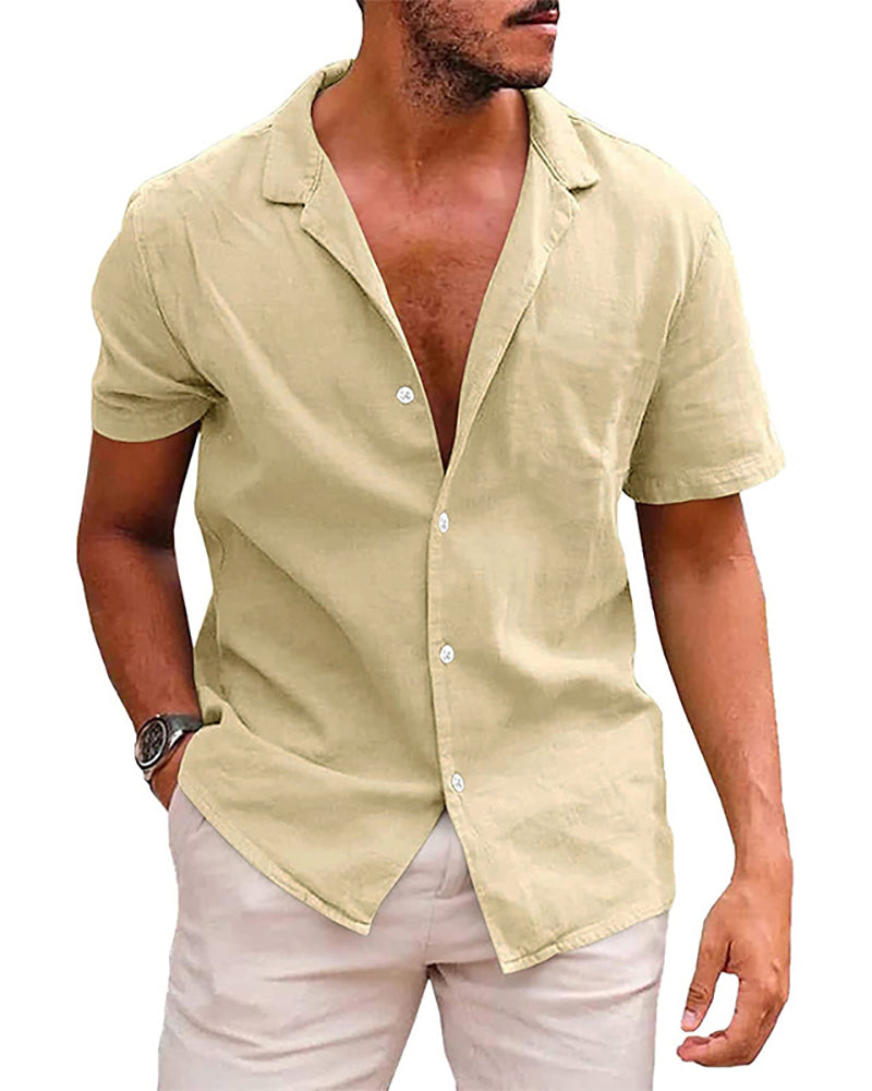 Summer Lapel Solid Color Short Sleeve Button Men&