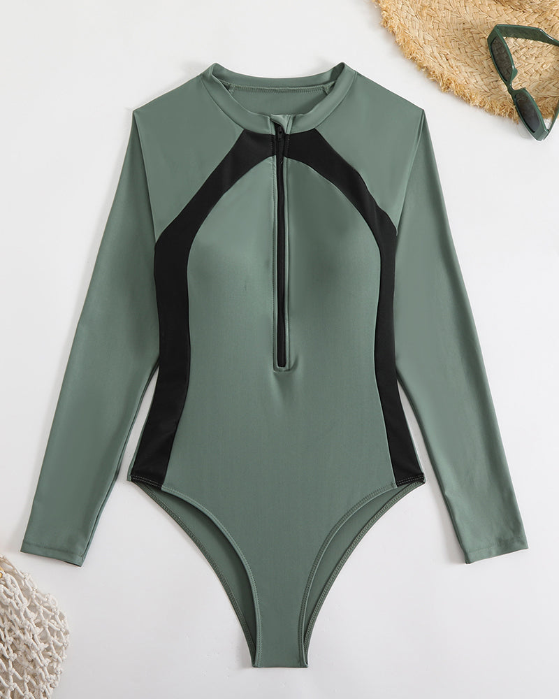 Sexy Racing Surfing Suit Color Blocked One-Piece Zipper Tight Fitting Slim Fit Swimsuit Swimwear S-L