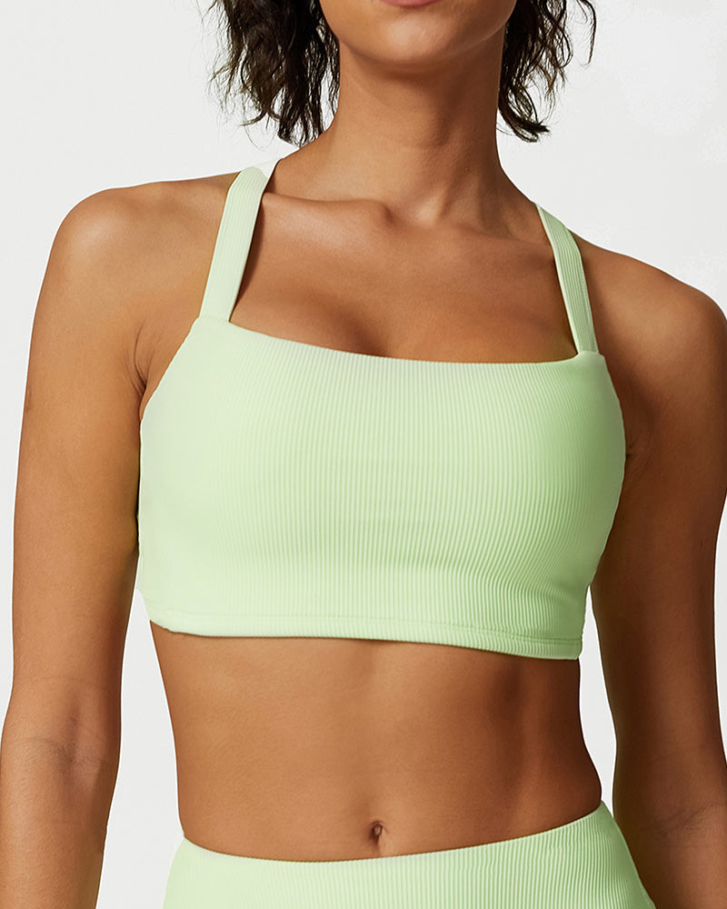 Women Square Neck Criss Cross Back Sports Running Bra XS-L