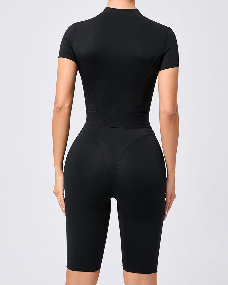 Women Zipper Front Short Sleeve High Waist Patchwork Fitness Sports Yoga Jumpsuit Black White S-L