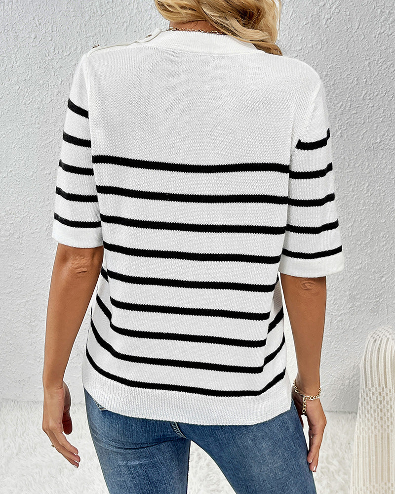 Buttoned Pullover Striped Fashionable Round Neck Short-Sleeved Women&