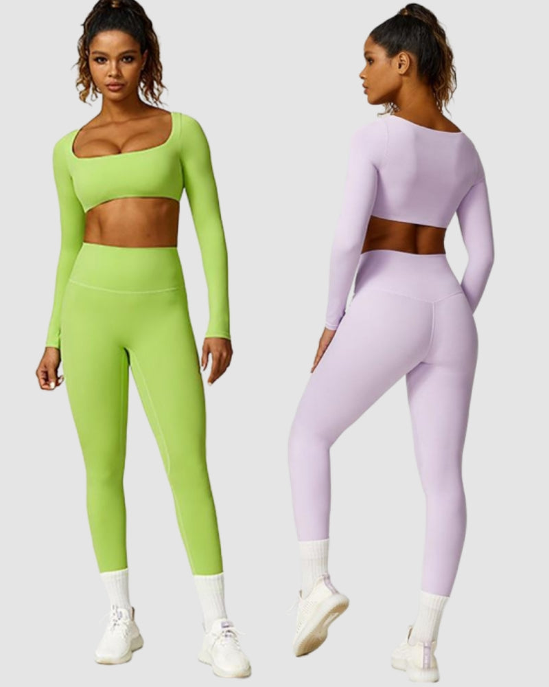 Women Square Neck Long Sleeve Crop Top Fitness Slim Leggings Pants Yoga Two-piece Sets S-L