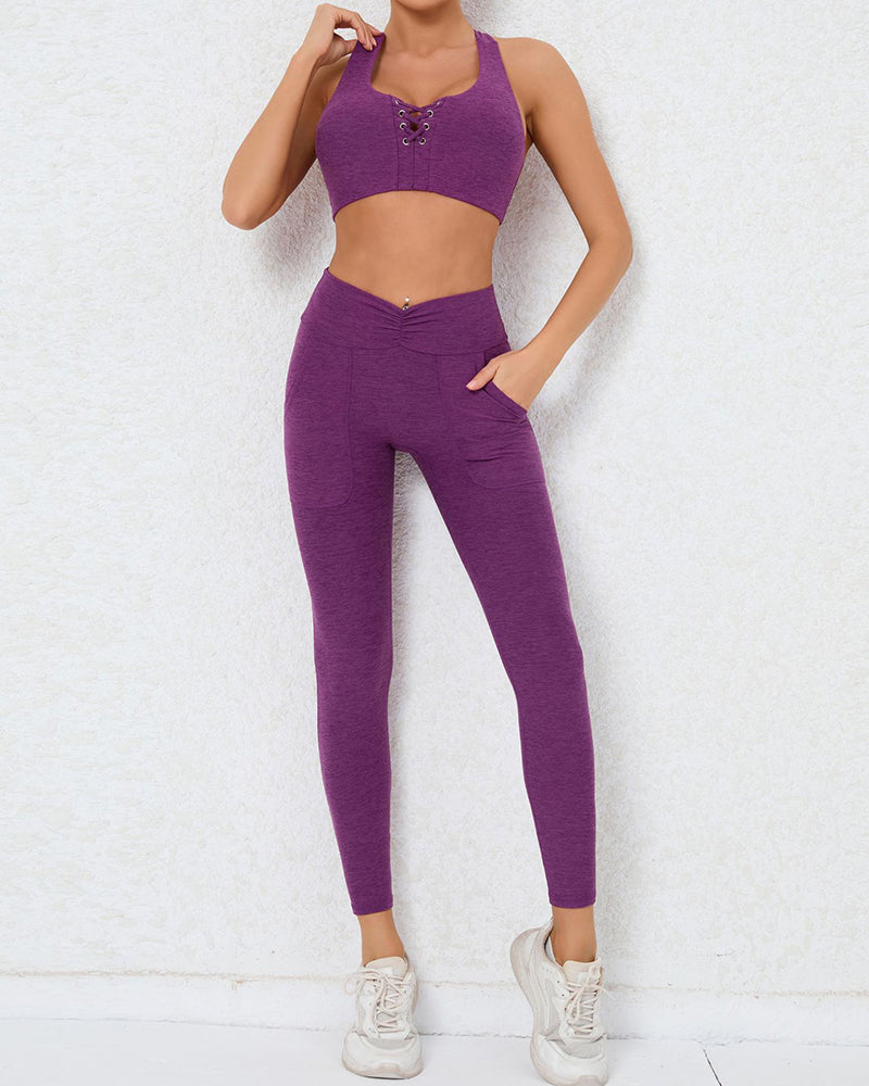 Women Strappy Sports Bra Pocket Yoga Two-piece Set Tracksuit Black Orange Gray Blue Purple S-L