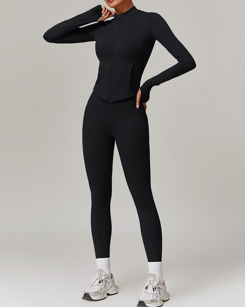 Women Long Sleeve Sports Coat Running Fitness Leggings Pants Yoga Two-piece Sets S-XL