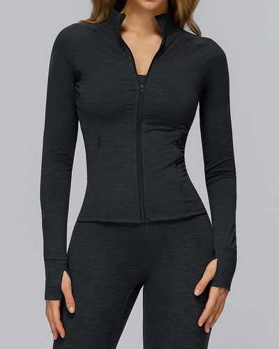 Brushed Long-Sleeved Zipper Pocket Quick-Drying Tights Outdoor Sports Running Jacket S-XL