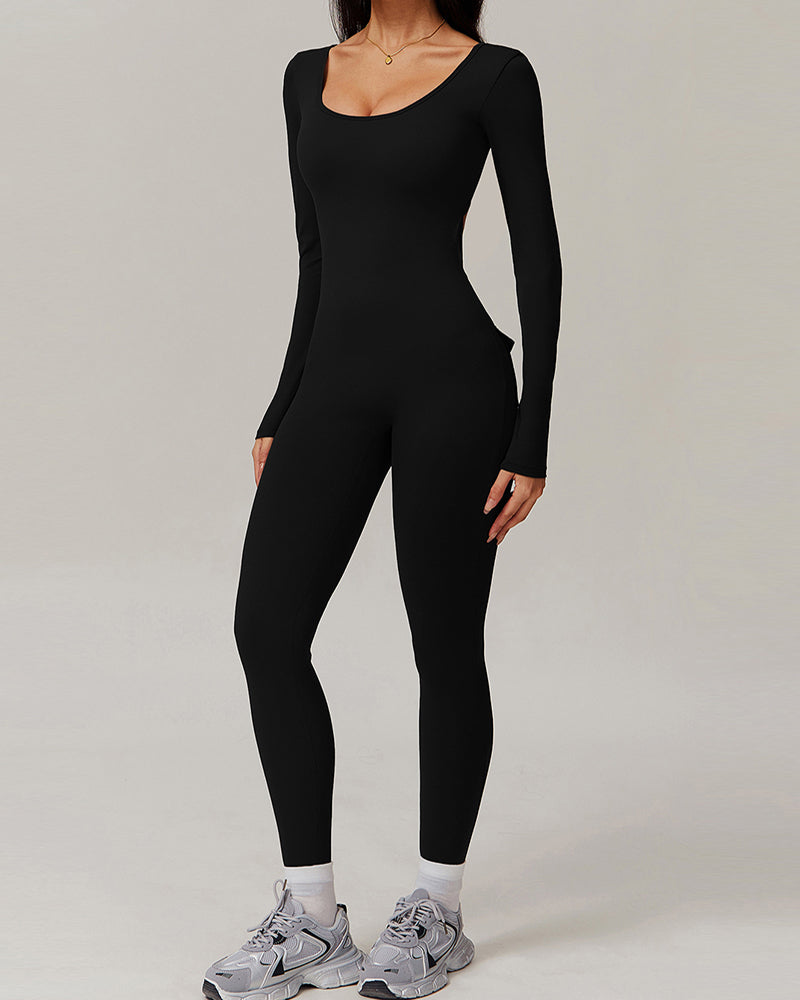 Wholesale Women U Neck Tight Running Long Sleeve Fitness Sports Jumpsuit S-XL