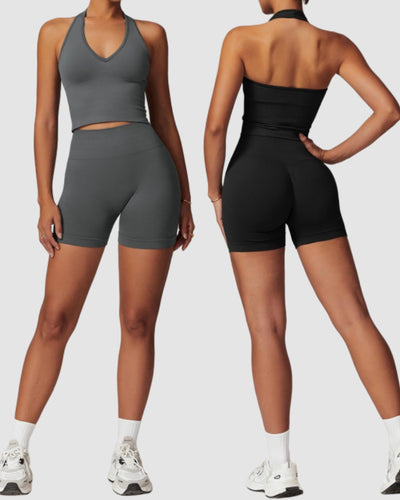 Women V Neck Sports Vest High Waist Hip Lift Shorts Two Piece Sets S-XL