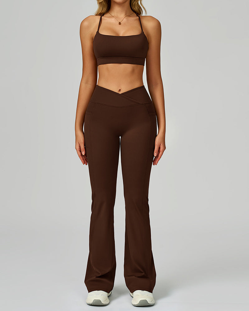 Women Sports Sling Criss Cross Back Bra High Waist V Waist Wide Leg Pants Two Piece Sets S-XL