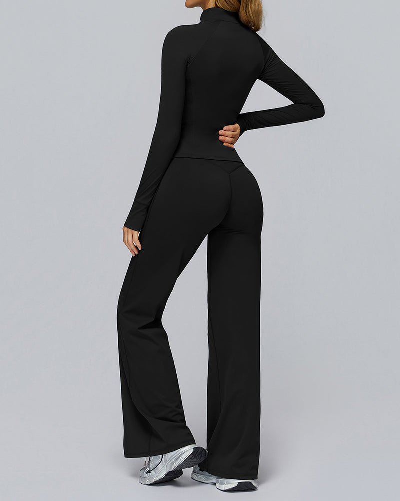 Women Long Sleeve Coat Wide Leg Pants Yoga Two-piece Sets S-XL